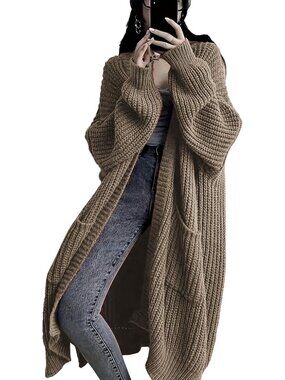 Plus Size Oversized Long Cardigan Sweater, Chunky Knit Open Front Duster with